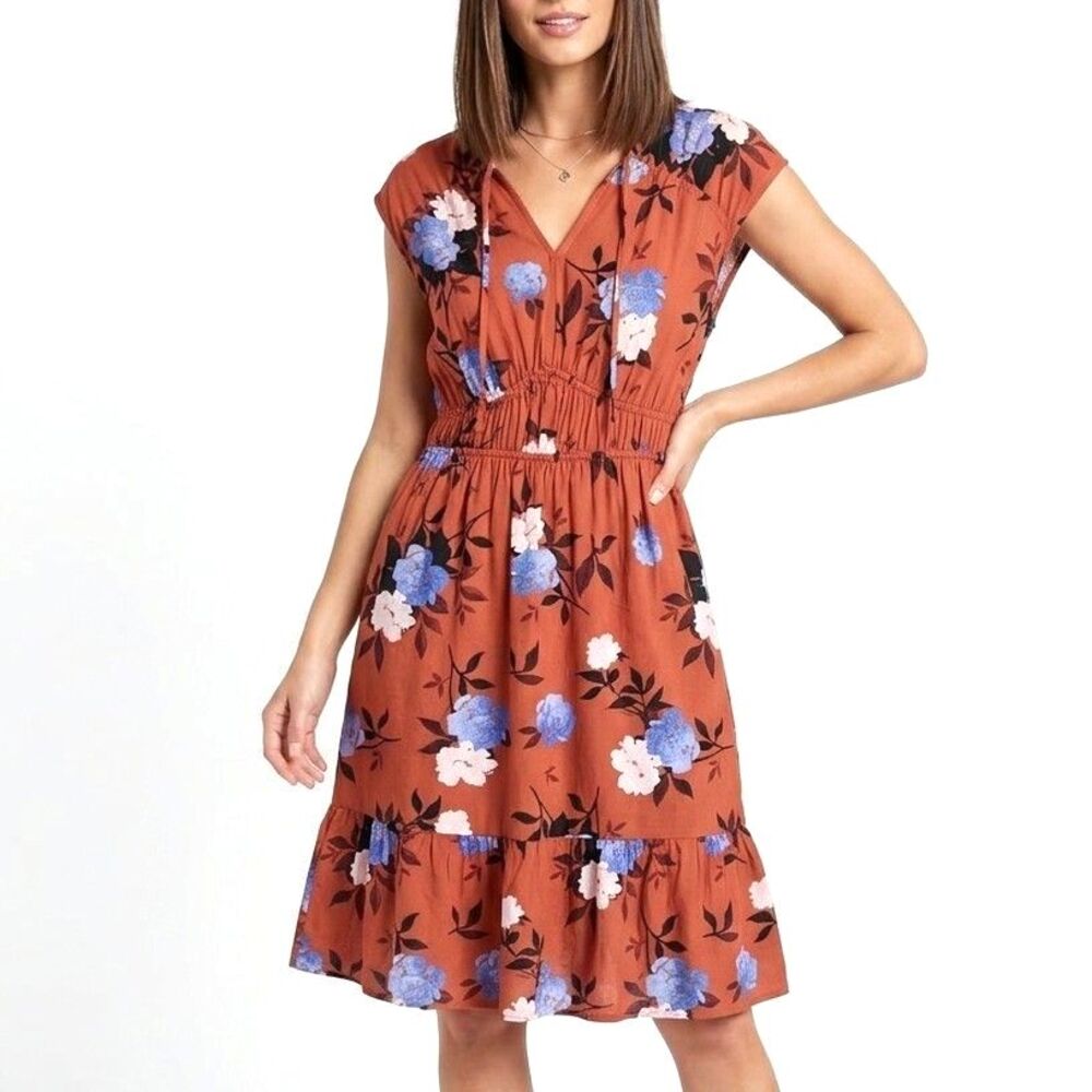 TIME AND TRU Dress Midi Floral Rust/Blue Sundress Pockets Women Sz Large NEW NWT